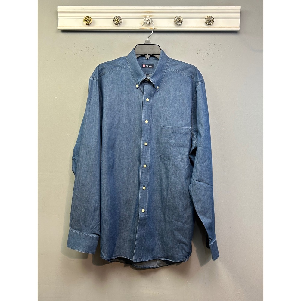 Chaps Button Down Shirt Mens Large Blue Denim Long Sleeve 16-16.5 34/35 Cotton